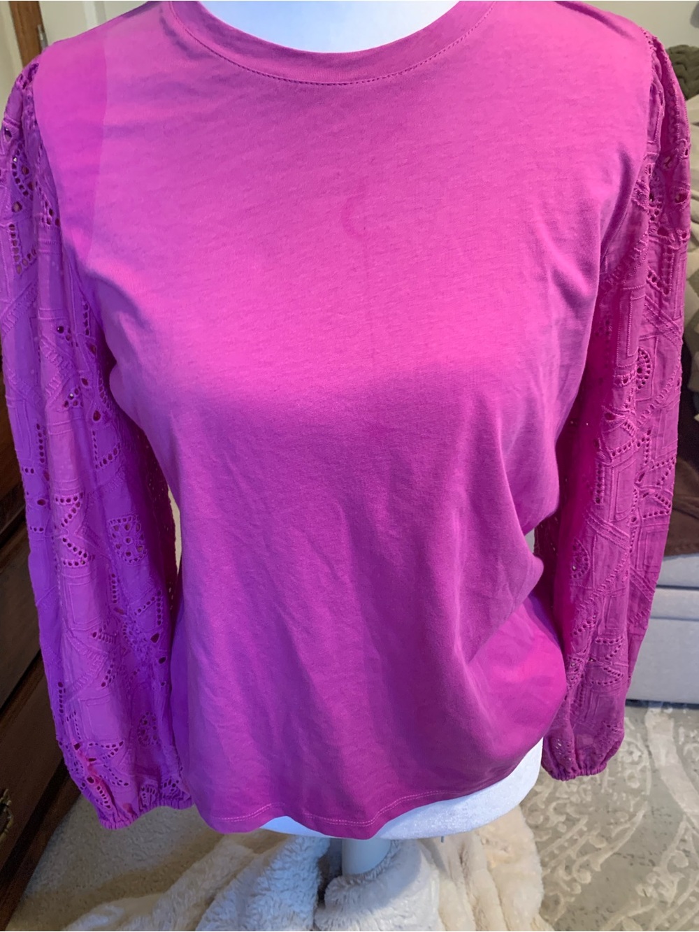 Johnny Was Magenta Eyelet Long-Sleeve Cotton Tee